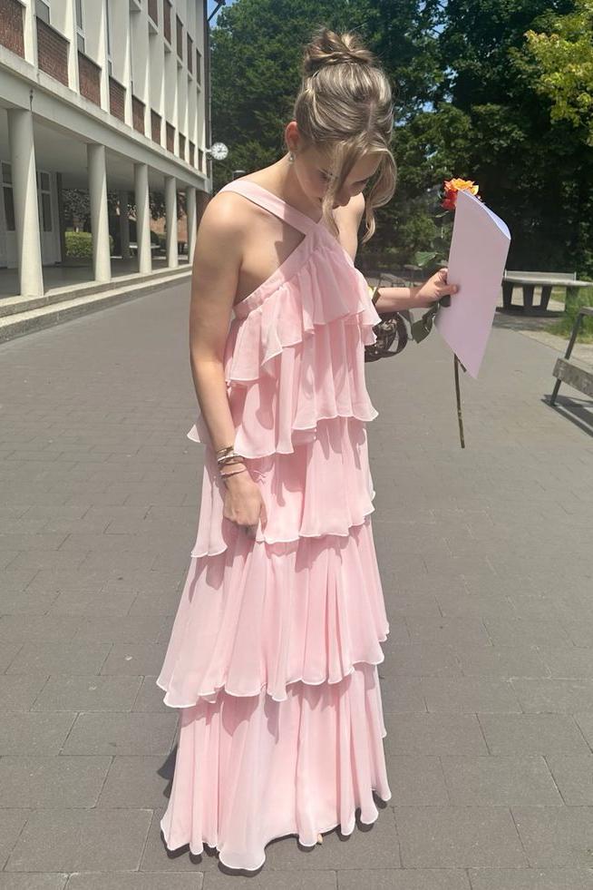 Vestidos formales/Vestido de fiesta de gasa rosa con volantes y cuello halter